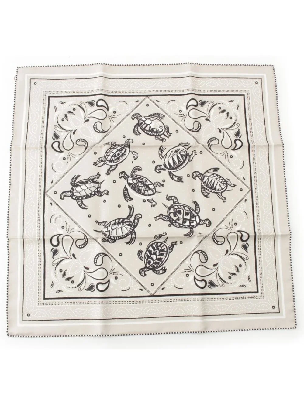 Hermes Carre 55 Silk les Tortues Bandana Turtle Scarf Grge Noir Blanc